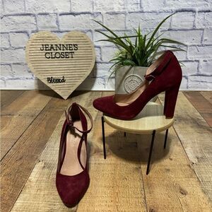 Madewell Sz 5 Cara Red Suede Block Heel Adjustable Stretch Buckle Ankle Strap